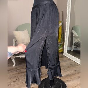 Intimately Free People • Black Shiny Satin Ruffle Side Slit Midi Skirt